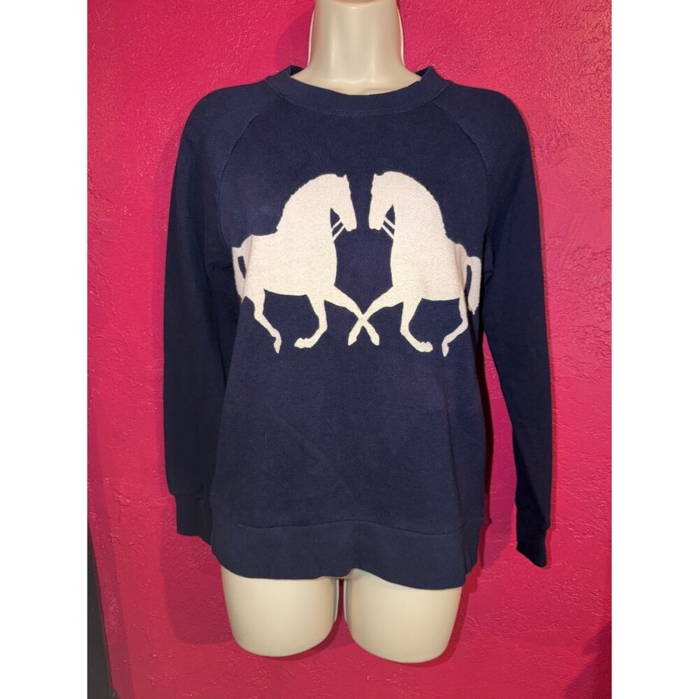 J Crew Equestrian 100% cotton preppy Navy Sweatshirt, White Horses Motif. Sz XS